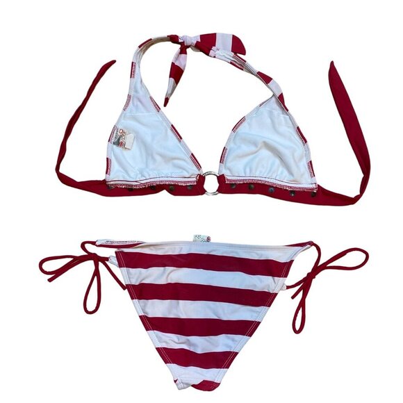 Y2K Red & White Striped Triangle Bikini Set With Tie Closures & Ring Detail By S - Picture 2 of 5